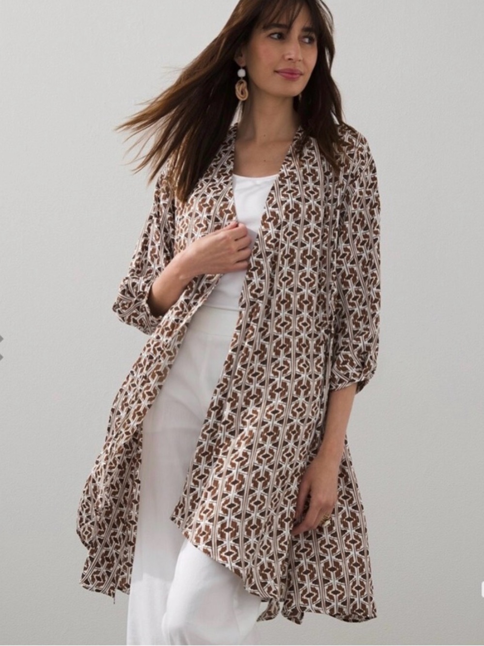 Chicos Tie Front Drama Kimono Duster Size S/M Brown White 3/4 Sleeve Cover Up
